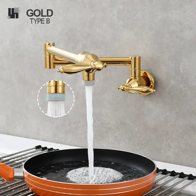 Gold-colored decorbites brass double joint telescopic kitchen faucet with two spray modes and ornate handles