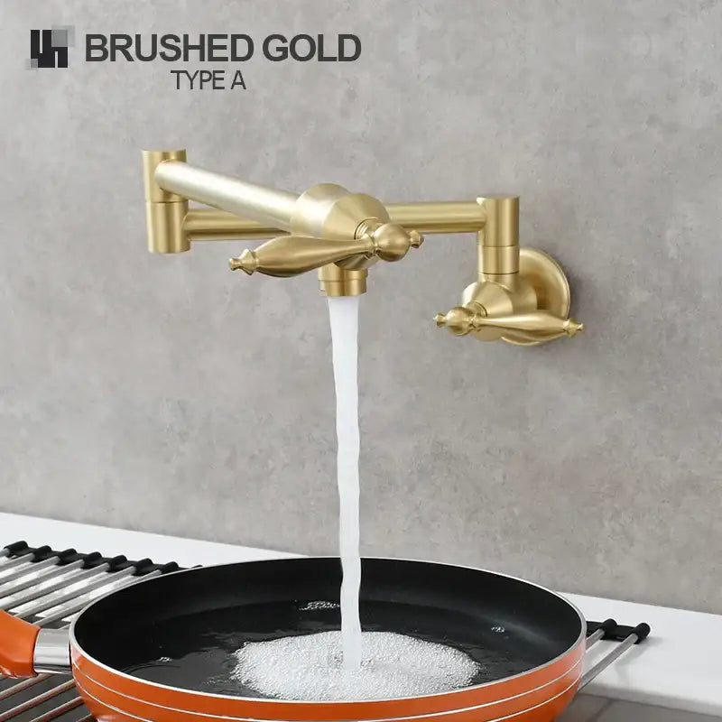 Brushed gold decorbites brass double joint telescopic kitchen faucet with sleek articulated spout and ornate handles