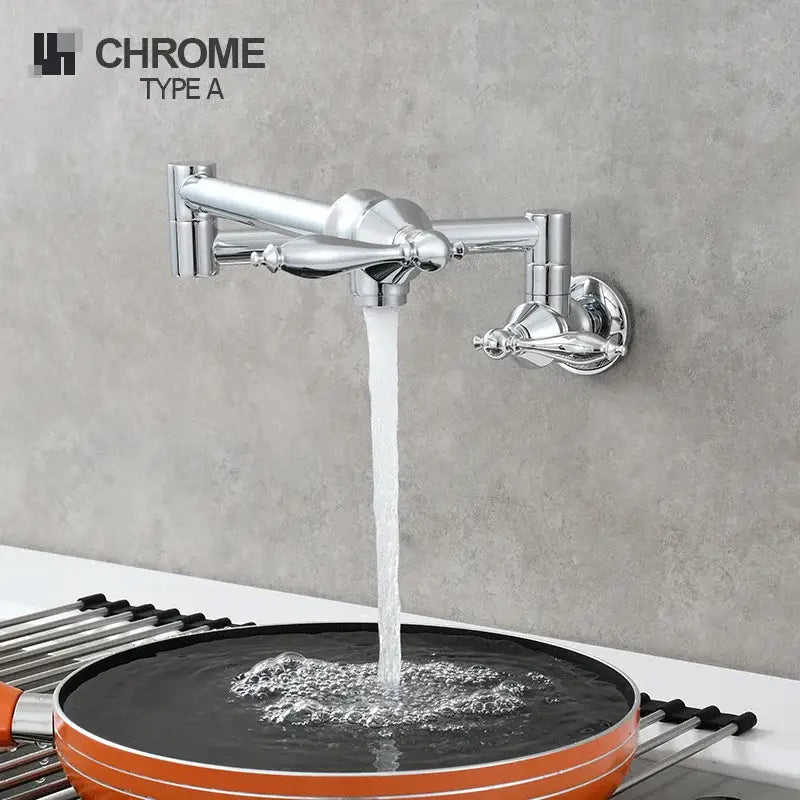 Brass double joint telescopic kitchen faucet in chrome finish with modern design dual-handle control and two spray modes