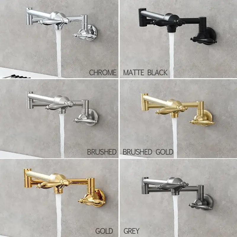 Brass double joint telescopic kitchen faucet in polished metallic finish with two spray modes and sleek articulated design