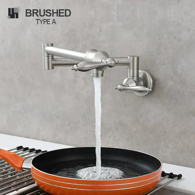 Brushed stainless steel brass double joint telescopic kitchen faucet with two spray modes and ornate handles