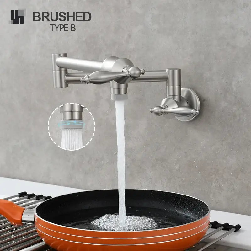 Brushed stainless steel wall-mounted decorbites brass double joint telescopic kitchen faucet with flexible spout and handles