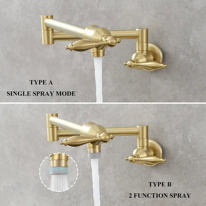 Gold-colored brass double joint telescopic kitchen faucet with two spray modes for versatile decorbites brass double use