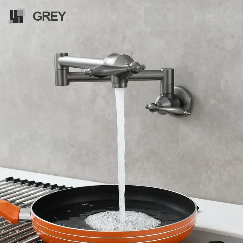 Grey brand wall-mounted brass double joint telescopic kitchen faucet with brushed metallic finish and dual handles