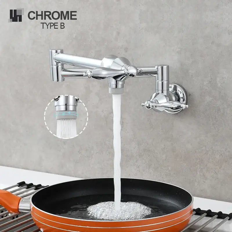 Brass double joint telescopic kitchen faucet in chrome finish with sleek articulated design and two spray modes