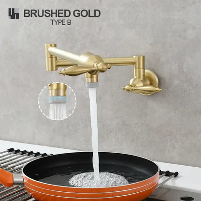 Brushed gold decorbites brass double joint telescopic kitchen faucet with sleek articulated design and adjustable spray nozzle