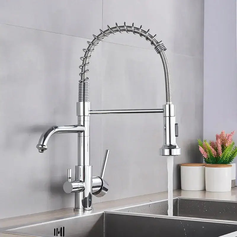 Chrome-finished brass water filter faucet with flexible gooseneck dual handles and pull-down spray head for kitchen use