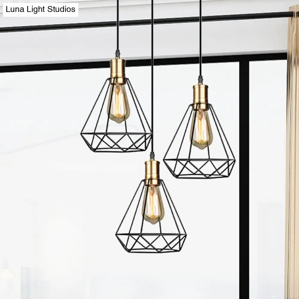 Brass Farmhouse Hanging Lamp with Teardrop Cage Shade and 3 Suspended Bulbs