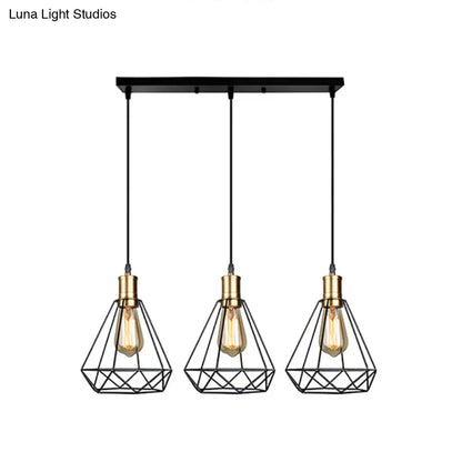 Brass Farmhouse Hanging Lamp with Teardrop Cage Shade and 3 Suspended Bulbs