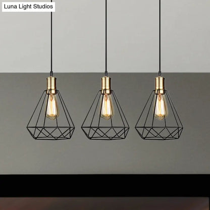 Brass Farmhouse Hanging Lamp with Teardrop Cage Shade and 3 Suspended Bulbs