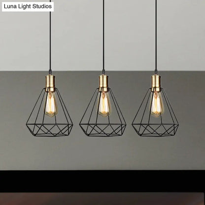 Brass Farmhouse Hanging Lamp with Teardrop Cage Shade and 3 Suspended Bulbs