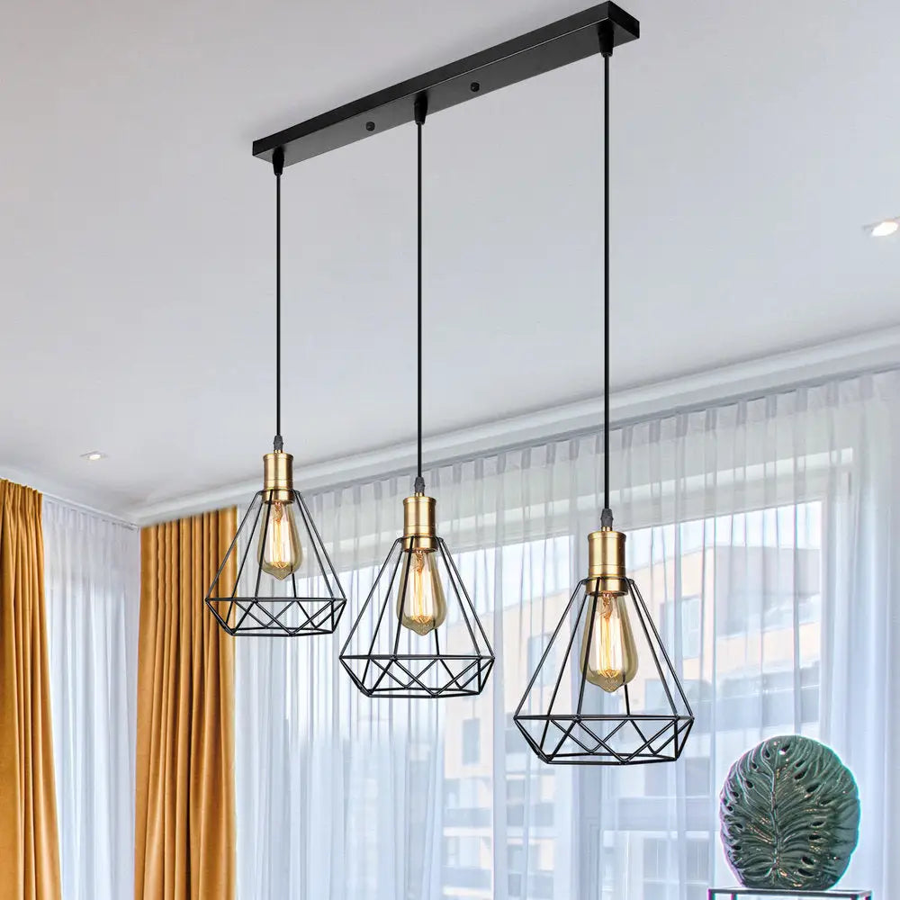 Brass Farmhouse Hanging Lamp with Teardrop Cage Shade and 3 Suspended Bulbs