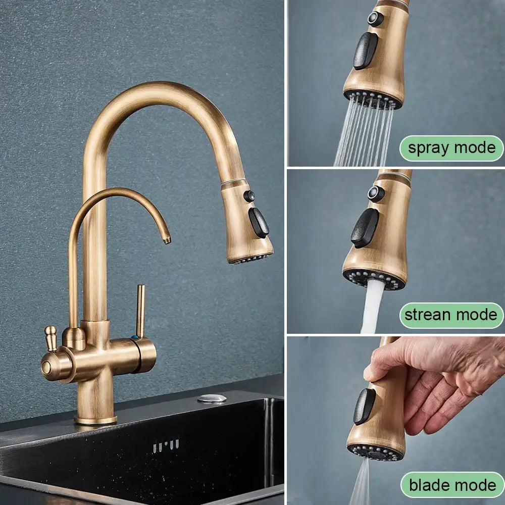 Antique brass filter kitchen faucet with rotatable spout and pull down sprayer offering multiple flow modes