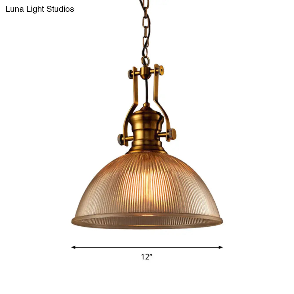 Brass Finish Bowl Pendant Light with Clear Ribbed Glass and Handle - Warehouse Bistro Hanging Light (12"/15"/19.5" W)