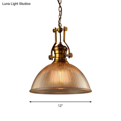 Brass Finish Bowl Pendant Light with Clear Ribbed Glass and Handle - Warehouse Bistro Hanging Light (12"/15"/19.5" W)