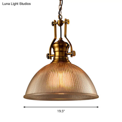 Brass Finish Bowl Pendant Light with Clear Ribbed Glass and Handle - Warehouse Bistro Hanging Light (12"/15"/19.5" W)