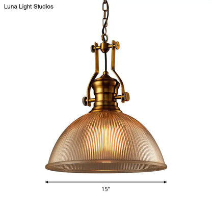 Brass Finish Bowl Pendant Light with Clear Ribbed Glass and Handle - Warehouse Bistro Hanging Light (12"/15"/19.5" W)