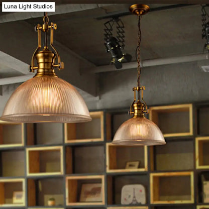 Brass Finish Bowl Pendant Light with Clear Ribbed Glass and Handle - Warehouse Bistro Hanging Light (12"/15"/19.5" W)