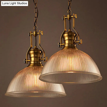 Brass Finish Bowl Pendant Light with Clear Ribbed Glass and Handle - Warehouse Bistro Hanging Light (12"/15"/19.5" W)