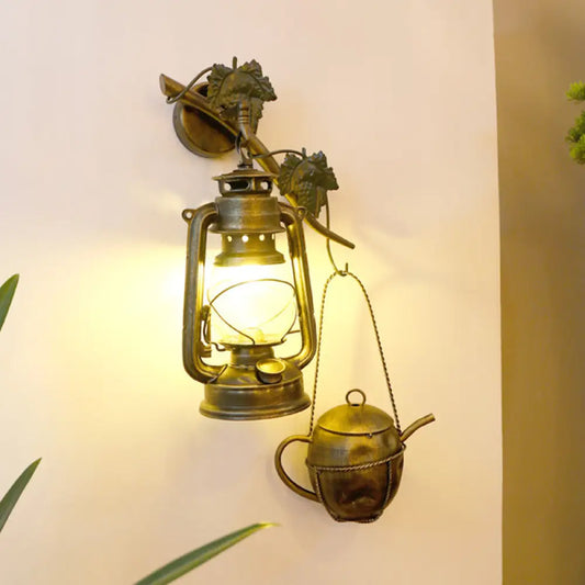 Brass Finish Lantern Wall Sconce with Cream Glass Shade - Vintage Metal Teapot Design, 1-Light