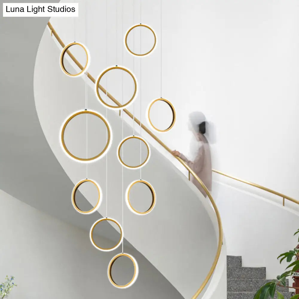 Brass Finish Nordic Metal Ring Staircase Ceiling Hanging Light - Modern Minimalist