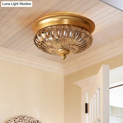 DecorBites™ DecorBites™ Brass Flush Mount Lamp with Prismatic Glass Dome for Corridor - 2 Heads, Colonial Style - 10"/12" W