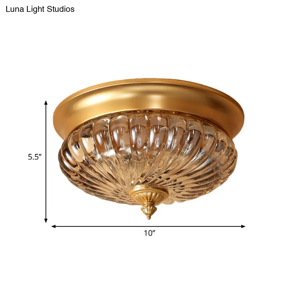 DecorBites™ DecorBites™ Brass Flush Mount Lamp with Prismatic Glass Dome for Corridor - 2 Heads, Colonial Style - 10"/12" W