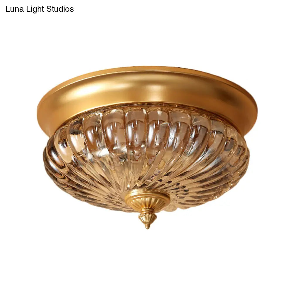 DecorBites™ DecorBites™ Brass Flush Mount Lamp with Prismatic Glass Dome for Corridor - 2 Heads, Colonial Style - 10"/12" W