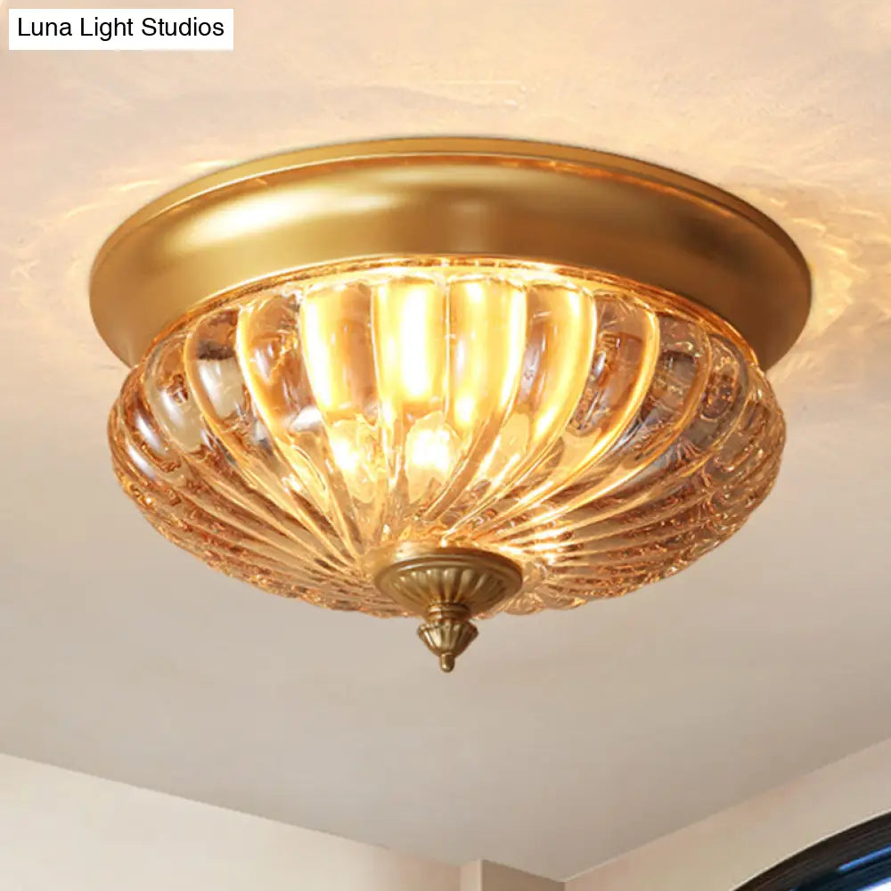 DecorBites™ DecorBites™ Brass Flush Mount Lamp with Prismatic Glass Dome for Corridor - 2 Heads, Colonial Style - 10"/12" W