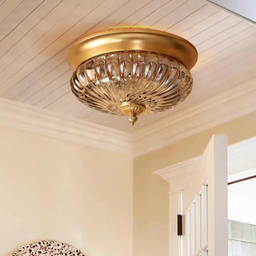 DecorBites™ DecorBites™ Brass Flush Mount Lamp with Prismatic Glass Dome for Corridor - 2 Heads, Colonial Style - 10"/12" W