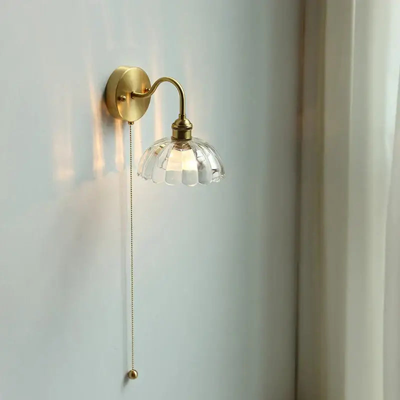 Brass glass copper led wall sconce with clear fluted glass shade and pull chain for bedroom mirror lighting