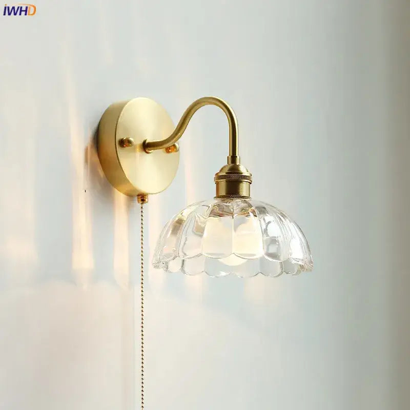 Brass glass copper led wall sconce with clear faceted glass shade and pull chain for bedroom mirror lighting