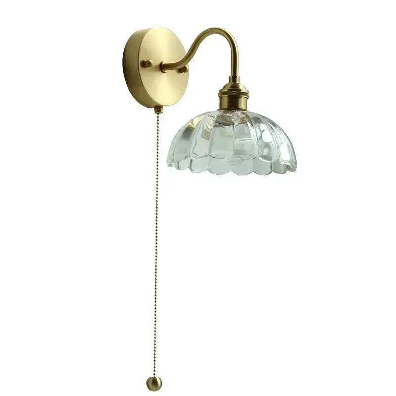 Brass-finished glass copper led wall sconce with scalloped shade and pull chain for bedroom mirror lighting