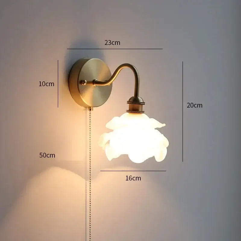 Antique brass glass copper led wall sconce with frosted flower shade and pull chain for bedroom mirror lighting