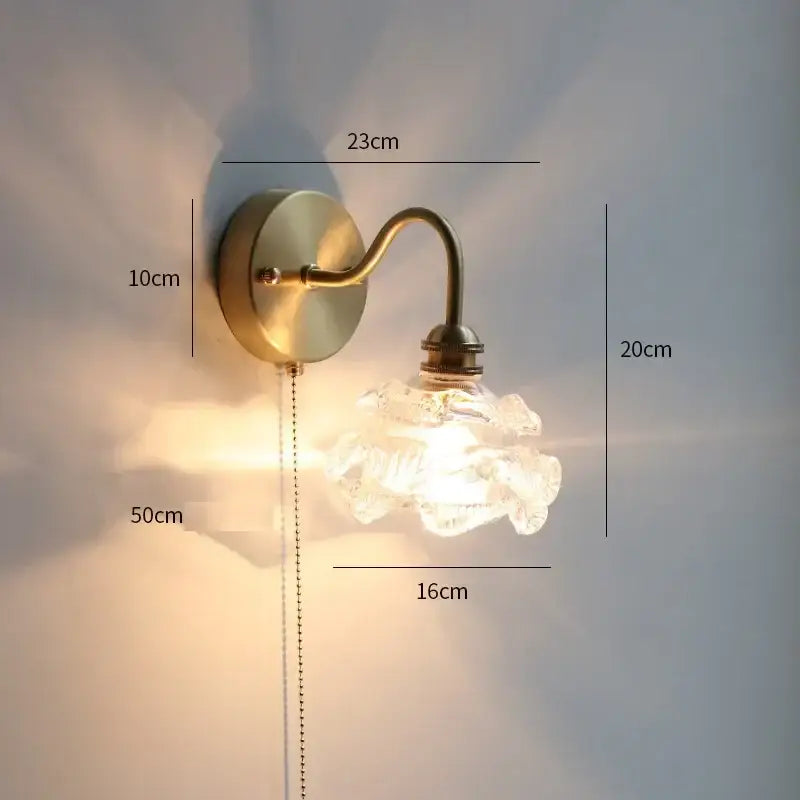 Antique brass led wall sconce with clear faceted glass copper led shade and pull chain for bedroom mirror lighting
