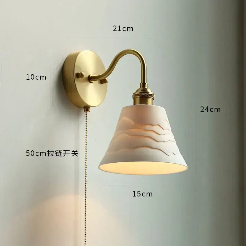 White ceramic lampshade with wave etchings on brass glass copper led wall sconce for bedroom mirror with pull chain