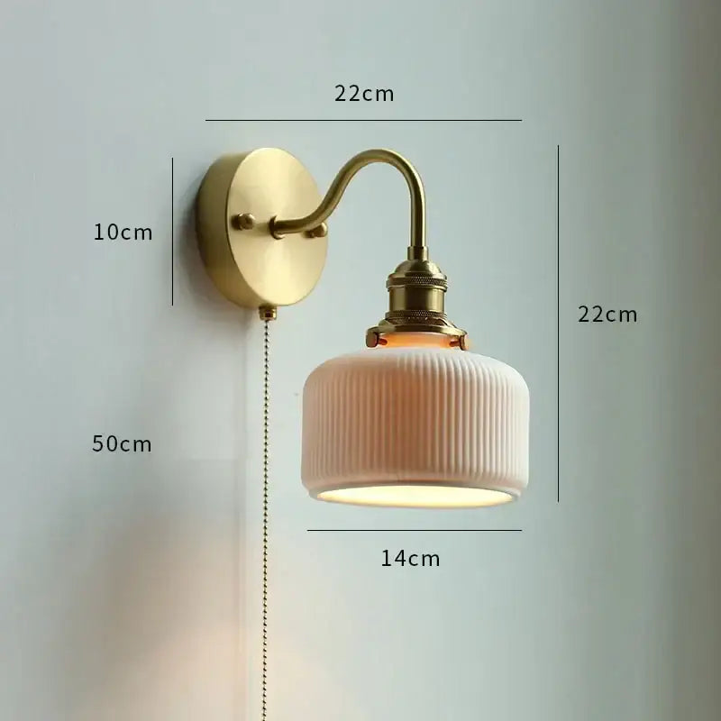 Vintage-style brass glass copper led wall sconce with cream ribbed ceramic shade and pull chain for bedroom mirror