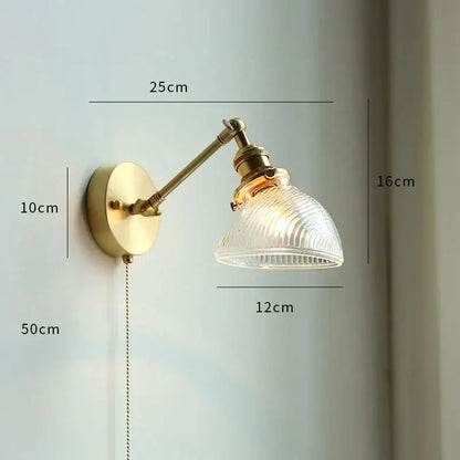 Vintage-style brass glass copper led wall sconce with ribbed translucent shade and pull chain for bedroom mirror