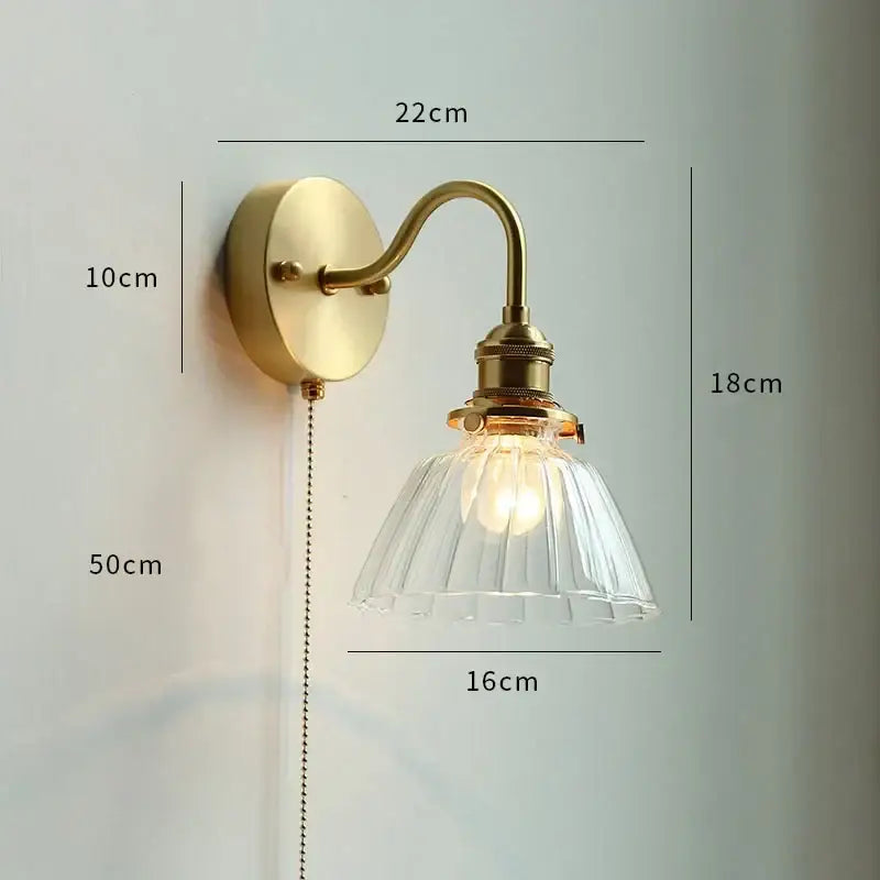 Antique brass led wall sconce with clear fluted glass copper led shade and pull chain for bedroom mirror lighting