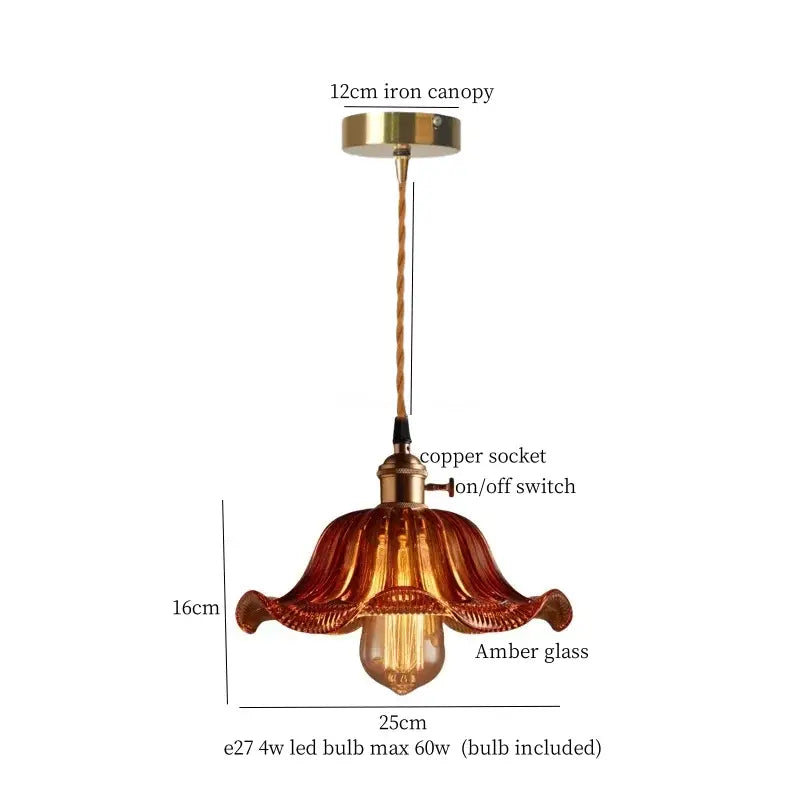 A 16cm tall decorbites brass glass lotus pendant lamp with copper socket and amber flower-shaped shade for dining room decor