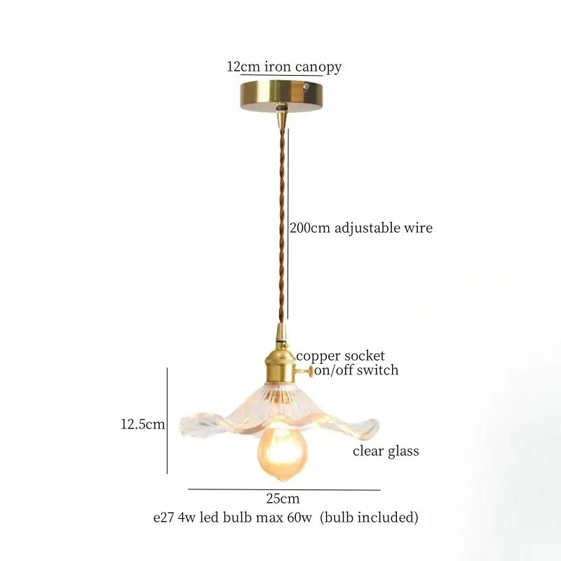 A brass glass lotus pendant lamp with a clear glass shade and adjustable copper wire for dining room decorbites brass glass