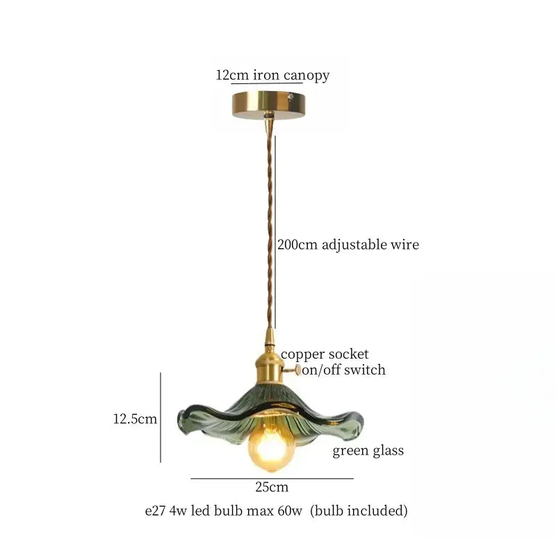 Green glass pendant lamp with 12cm iron canopy and adjustable copper wire from decorbites brass glass lotus collection