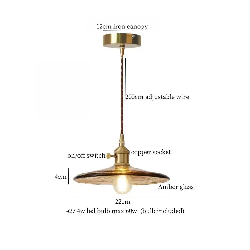 Vintage-style pendant lamp with brass glass lotus amber shade copper socket and adjustable braided wire decorbites brass glass