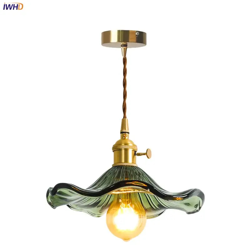 Vintage-style pendant lamp with brass glass lotus finish and wavy green glass shade for dining room decorbites brass glass