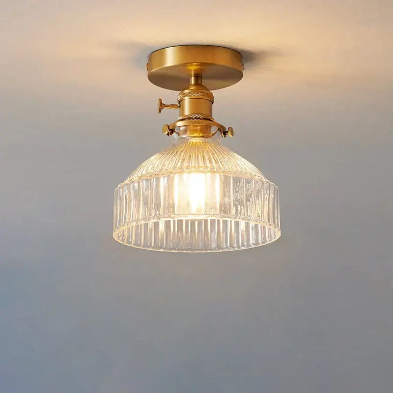 Vintage-style brass ceiling lamp with clear ribbed glass shade pendant perfect for kitchen lighting uses