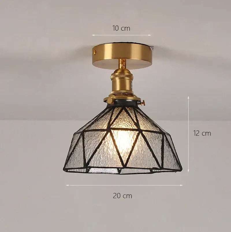 Vintage brass ceiling lamp with geometric faceted glass shade and black wire framing glass shade pendant for kitchen lights