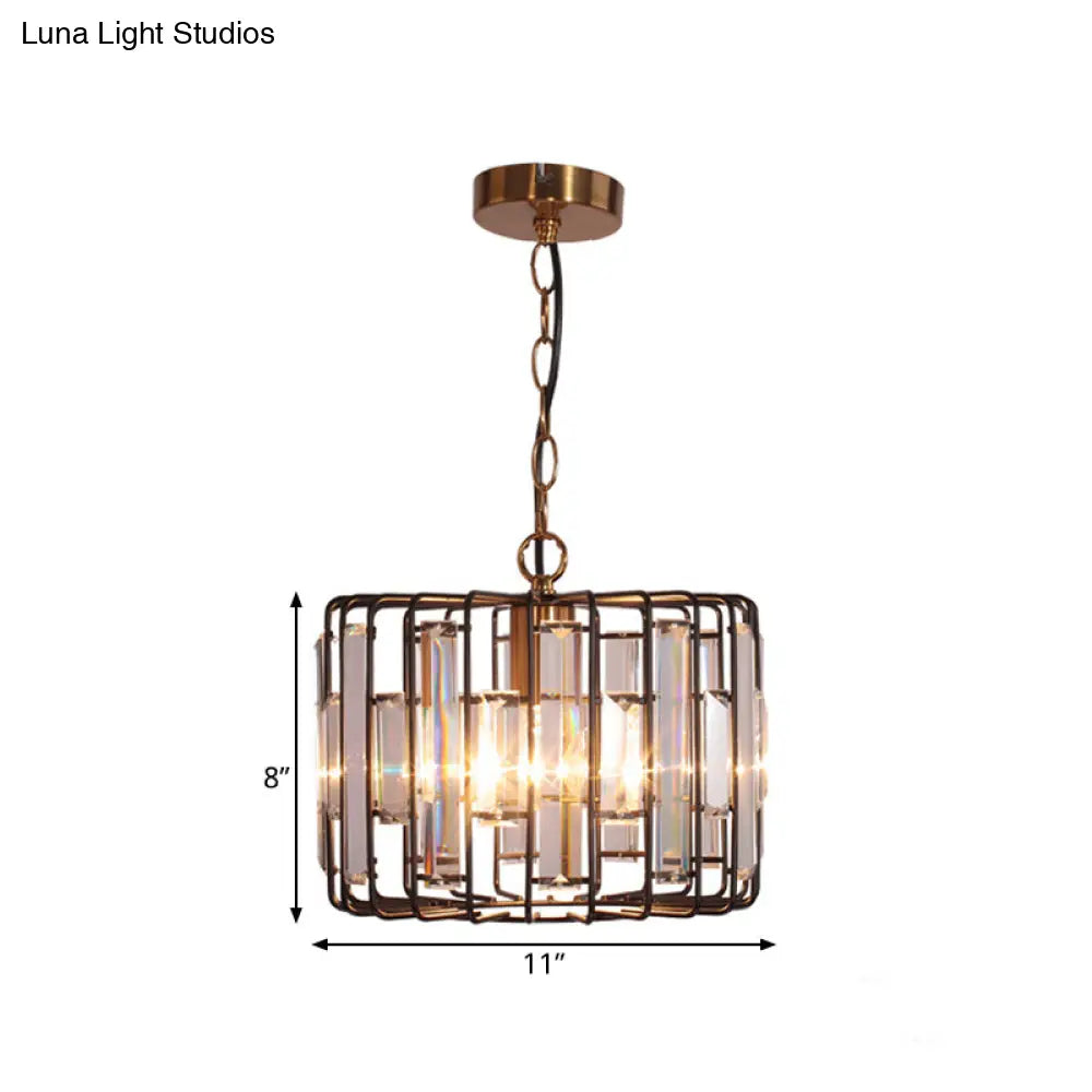 Brass Hanging Light Drum Cage with Crystal Accents - 11"/13" Wide 1-Light Rustic Ceiling Pendant for Living Room