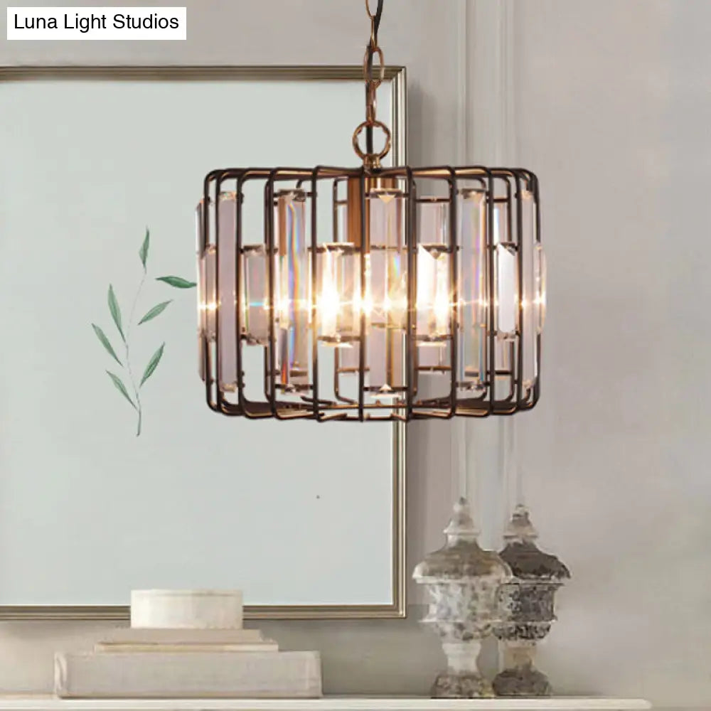 Brass Hanging Light Drum Cage with Crystal Accents - 11"/13" Wide 1-Light Rustic Ceiling Pendant for Living Room