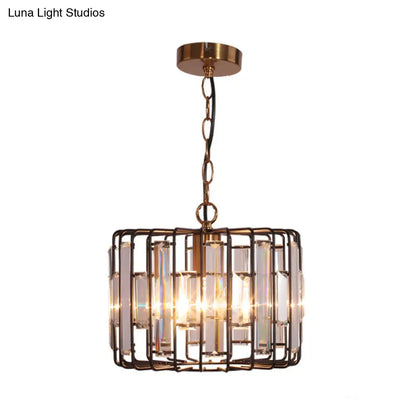 Brass Hanging Light Drum Cage with Crystal Accents - 11"/13" Wide 1-Light Rustic Ceiling Pendant for Living Room