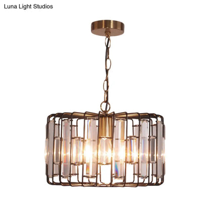 Brass Hanging Light Drum Cage with Crystal Accents - 11"/13" Wide 1-Light Rustic Ceiling Pendant for Living Room